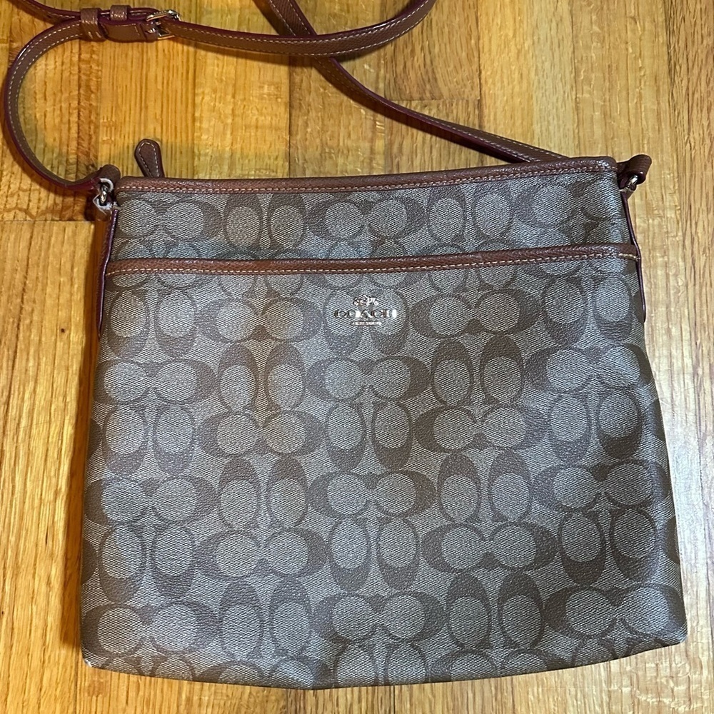 COACH FILE BAG IN TAN/ BROWN LINED SIGNATURE COATED CANVAS CROSSBODY F23866